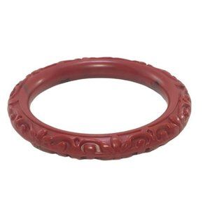 Vintage Faux Cinnibar Lucite Bangle Bracelet Brick Red Black Marbled